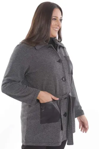 Plus Size Leather Pocket Detailed Belted Black Jacket - 3