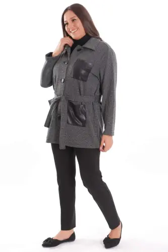 Plus Size Leather Pocket Detailed Belted Black Jacket - 4