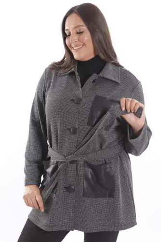 Plus Size Leather Pocket Detailed Belted Black Jacket - 5