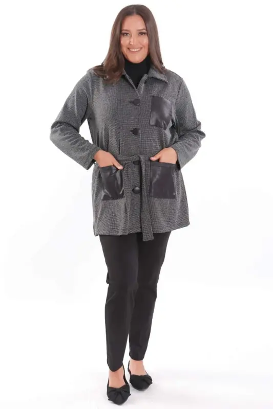 Plus Size Leather Pocket Detailed Belted Black Jacket - 6