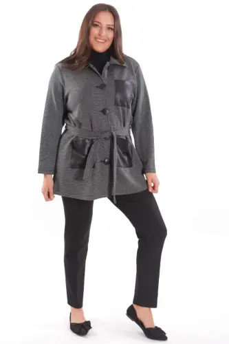 Plus Size Leather Pocket Detailed Belted Black Jacket - 7