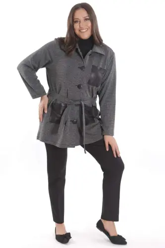 Plus Size Leather Pocket Detailed Belted Black Jacket - 8