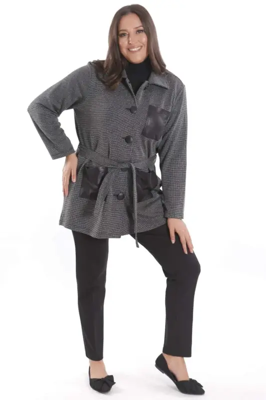 Plus Size Leather Pocket Detailed Belted Black Jacket - 8