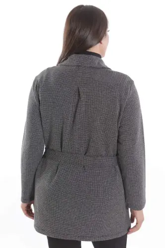 Plus Size Leather Pocket Detailed Belted Black Jacket - 9