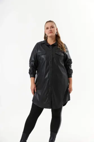 Plus Size Leather Shirt Tunic Black - 1