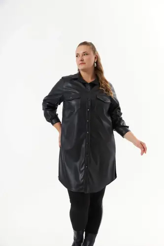 Plus Size Leather Shirt Tunic Black - BÜYÜKBEDENIZ (1)
