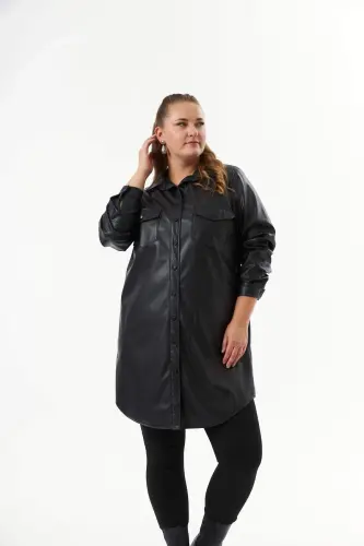 Plus Size Leather Shirt Tunic Black - 3