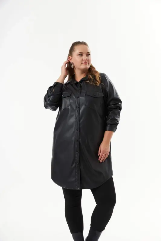 Plus Size Leather Shirt Tunic Black - 3