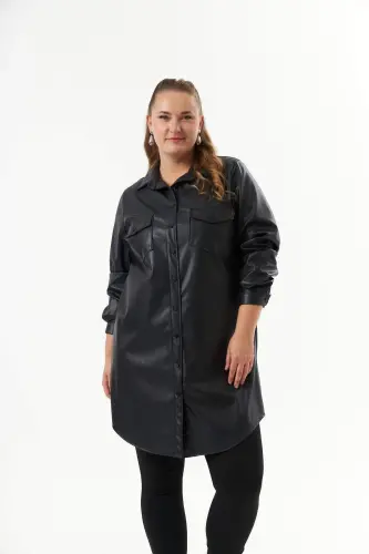 Plus Size Leather Shirt Tunic Black - 4