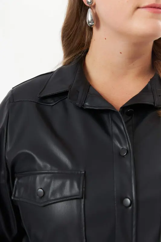 Plus Size Leather Shirt Tunic Black - 5