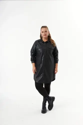 Plus Size Leather Shirt Tunic Black - 6