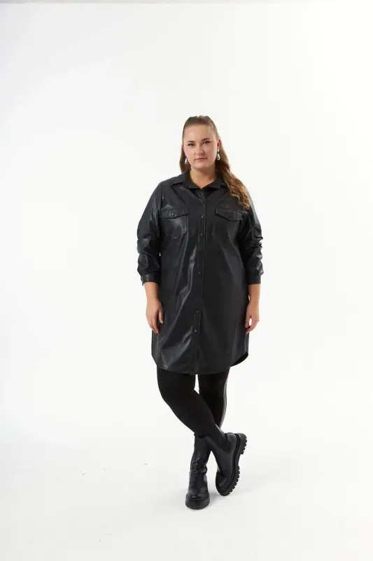Plus Size Leather Shirt Tunic Black - 6