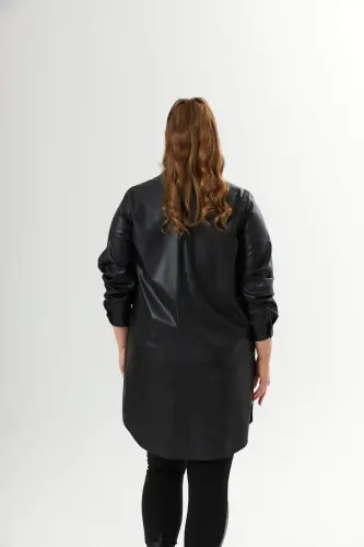 Plus Size Leather Shirt Tunic Black - 7