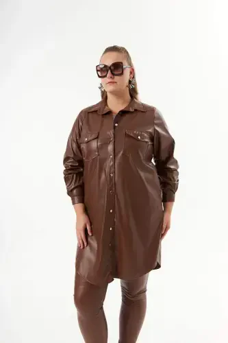 Plus Size Leather Shirt Tunic Camel - 1