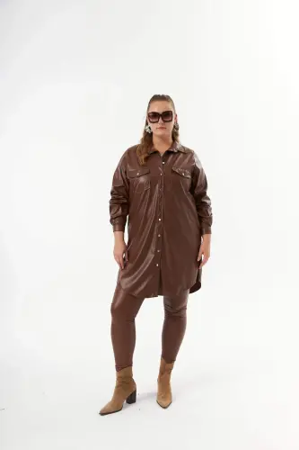 Plus Size Leather Shirt Tunic Camel - 5
