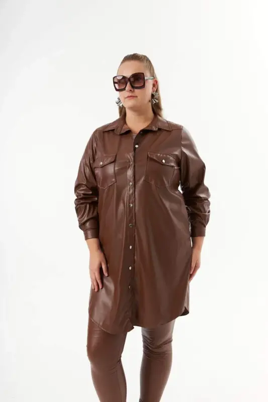 Plus Size Leather Shirt Tunic Camel - BÜYÜKBEDENIZ