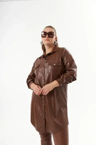 Plus Size Leather Shirt Tunic Camel - 3