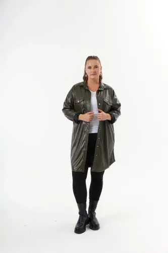 Plus Size Leather Shirt Tunic Khaki - BÜYÜKBEDENIZ (1)
