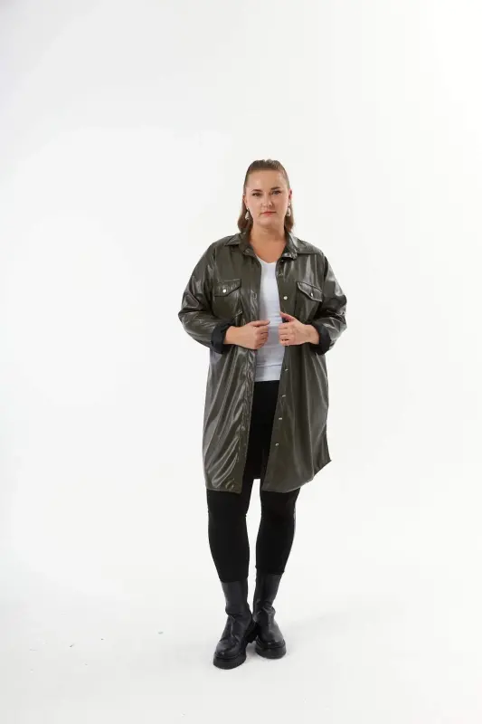 Plus Size Leather Shirt Tunic Khaki - 2