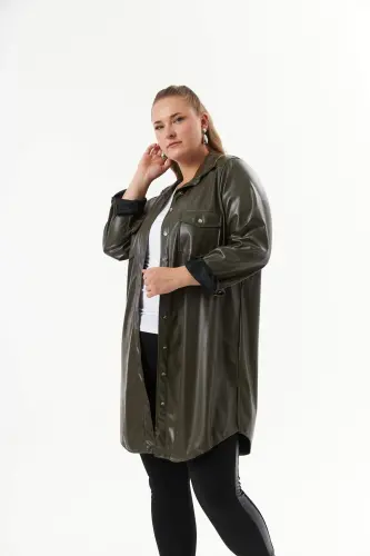 Plus Size Leather Shirt Tunic Khaki - 3