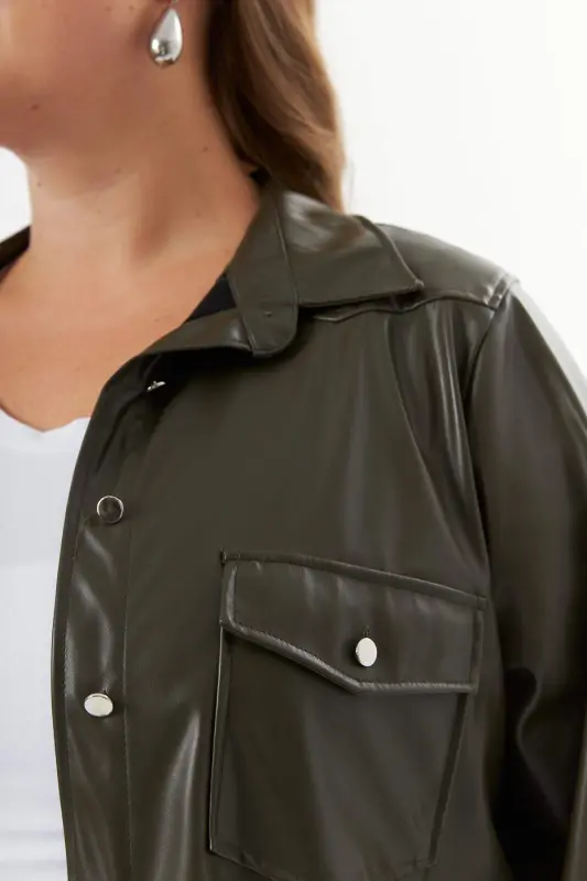Plus Size Leather Shirt Tunic Khaki - 4