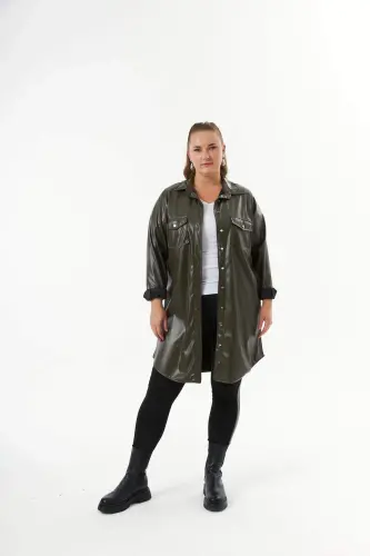 Plus Size Leather Shirt Tunic Khaki - 5