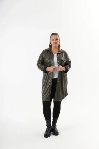 Plus Size Leather Shirt Tunic Khaki - BÜYÜKBEDENIZ (1)