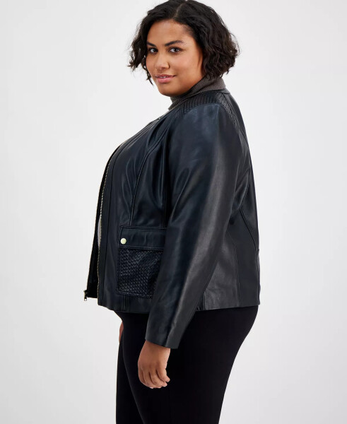 Plus Size Leather Woven-Shoulder Coat Black - 4