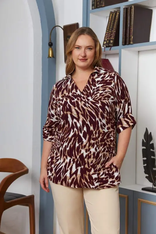Plus Size Leopard Blouse with Rolled Sleeves, Burgundy - BÜYÜKBEDENIZ
