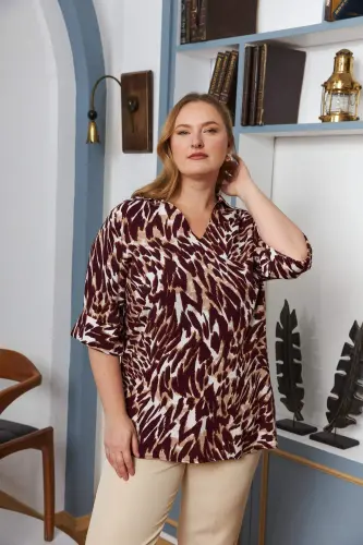 Plus Size Leopard Blouse with Rolled Sleeves, Burgundy - BÜYÜKBEDENIZ (1)