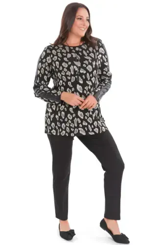 Plus Size Leopard Print Black Blouse with Leather Striped Sleeves - 4