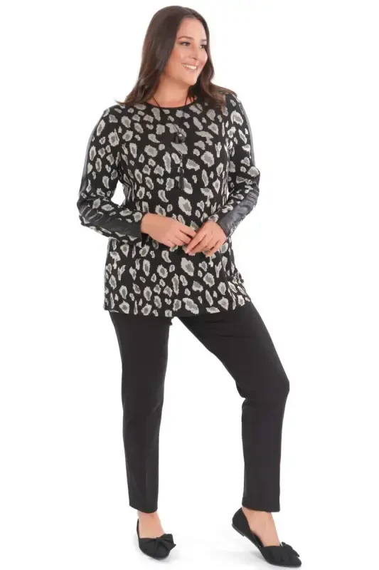 Plus Size Leopard Print Black Blouse with Leather Striped Sleeves - 4