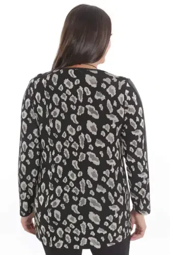 Plus Size Leopard Print Black Blouse with Leather Striped Sleeves - 6