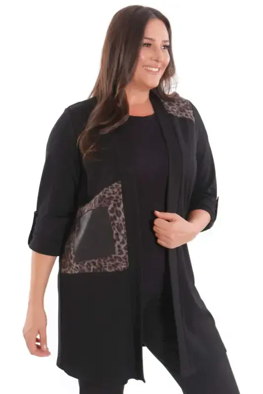 Plus Size Leopard Print Black Cardigan - 1