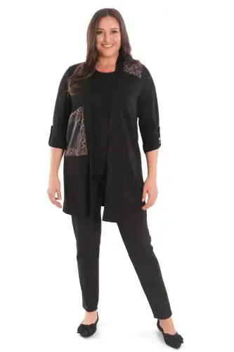 Plus Size Leopard Print Black Cardigan - BÜYÜKBEDENIZ (1)