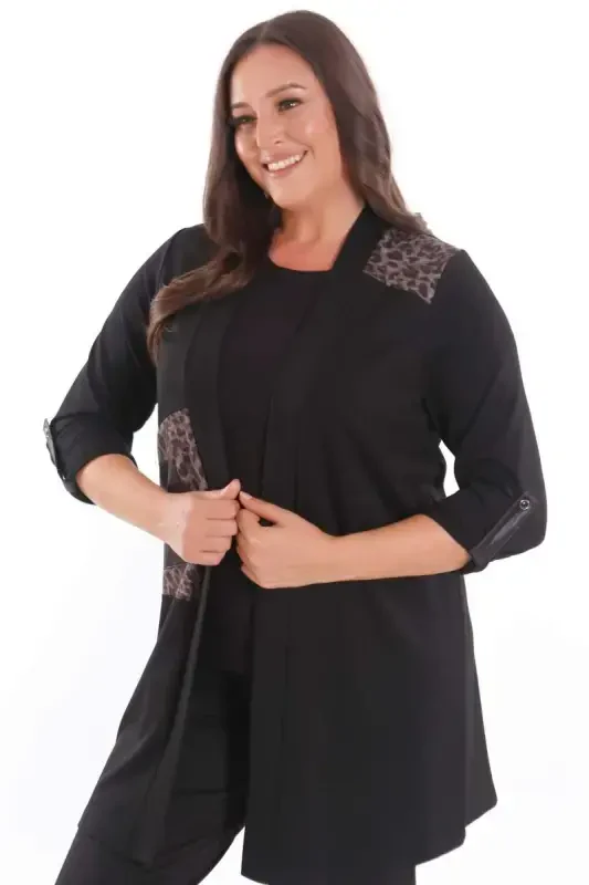 Plus Size Leopard Print Black Cardigan - 3