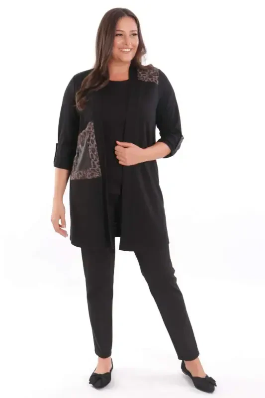 Plus Size Leopard Print Black Cardigan - 6