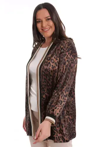 Plus Size Leopard Print Brown Collar Band Jacket - 1