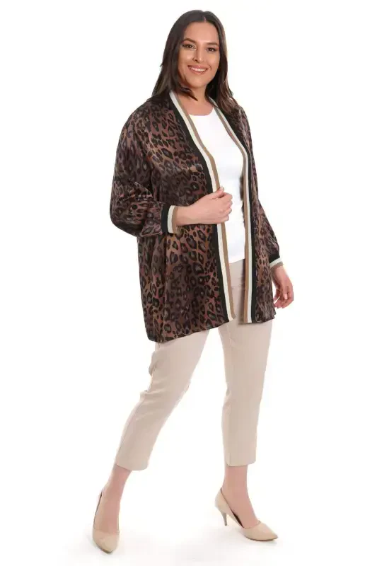 Plus Size Leopard Print Brown Collar Band Jacket - 2