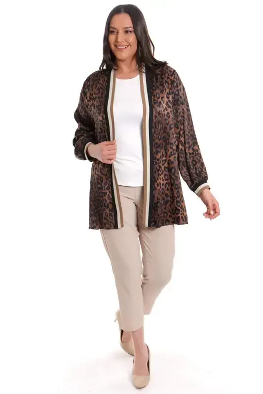 Plus Size Leopard Print Brown Collar Band Jacket - 3