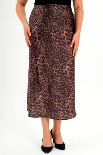 Plus Size Leopard Print Elastic Waist Brown Skirt - BÜYÜKBEDENIZ (1)