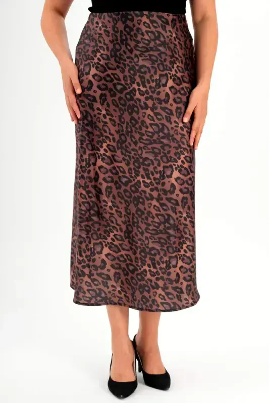 Plus Size Leopard Print Elastic Waist Brown Skirt - 2