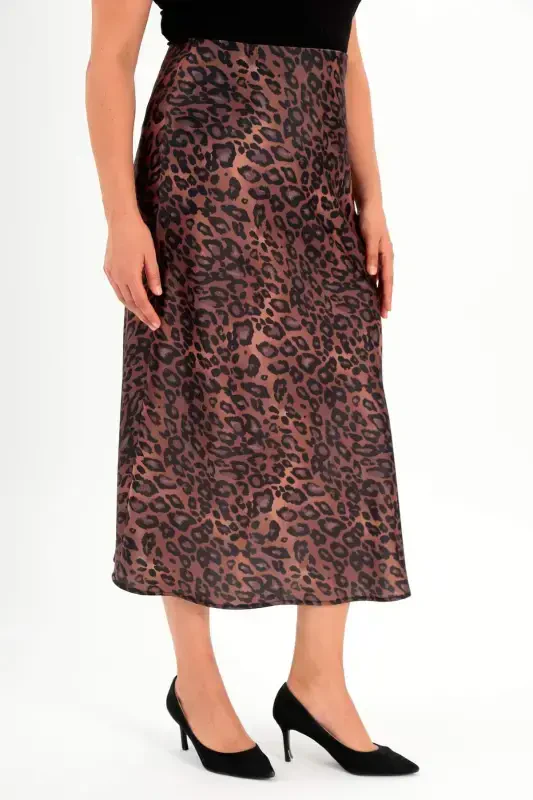 Plus Size Leopard Print Elastic Waist Brown Skirt - 6