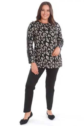Plus Size Leopard Print Sleeves Leather Striped Black Blouse - 2
