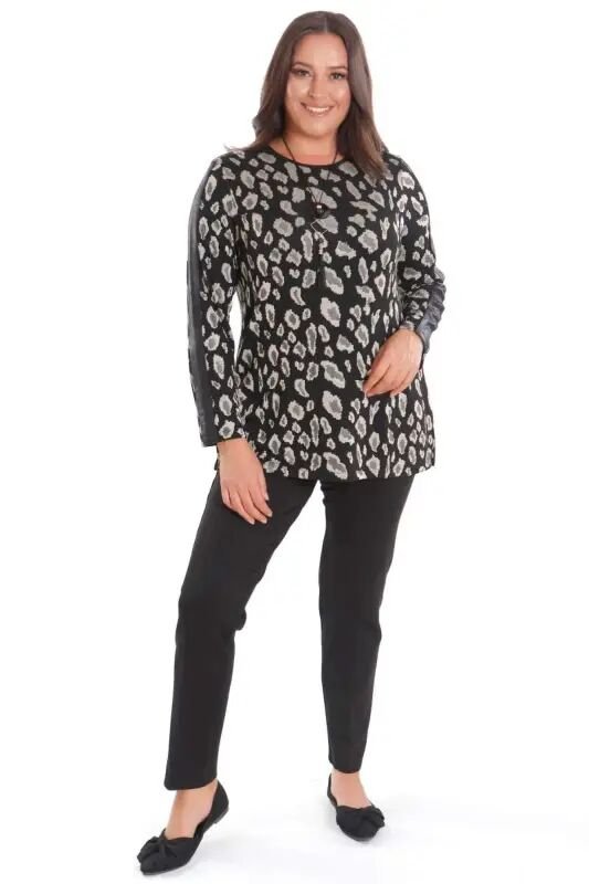 Plus Size Leopard Print Sleeves Leather Striped Black Blouse - 2