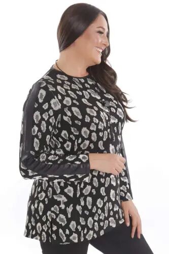 Plus Size Leopard Print Sleeves Leather Striped Black Blouse - 5