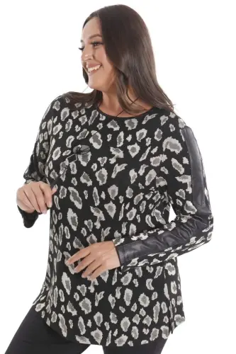 Plus Size Leopard Print Sleeves Leather Trim Black Blouse - 3