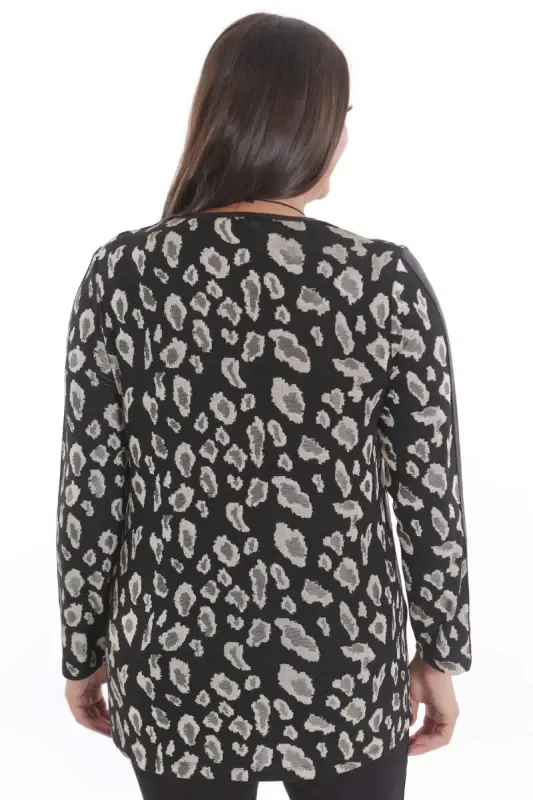 Plus Size Leopard Print Sleeves Leather Trim Black Blouse - 6