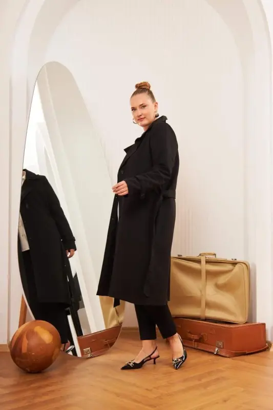 Plus Size Lined Long Trench Coat Black - 3