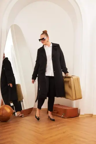 Plus Size Lined Long Trench Coat Black - 4